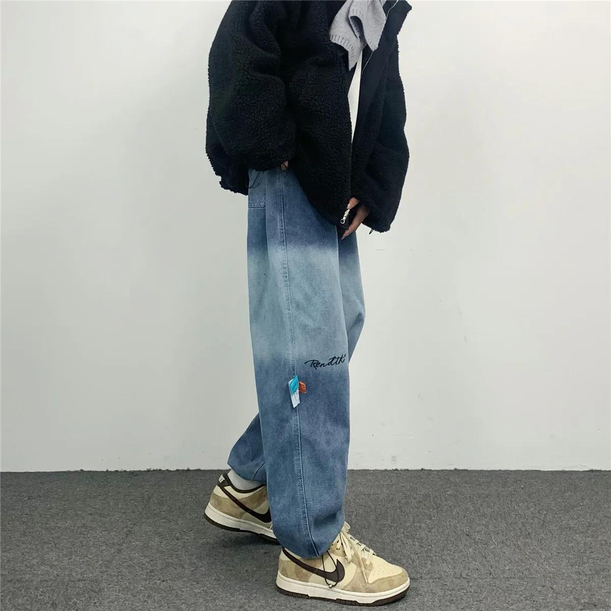 Men Jeans Ins Drawstring Design Letter Printing Color Gradient Loose Straight Jeans Y2k Fashion Street Jeans Ins Hot Sale Casual