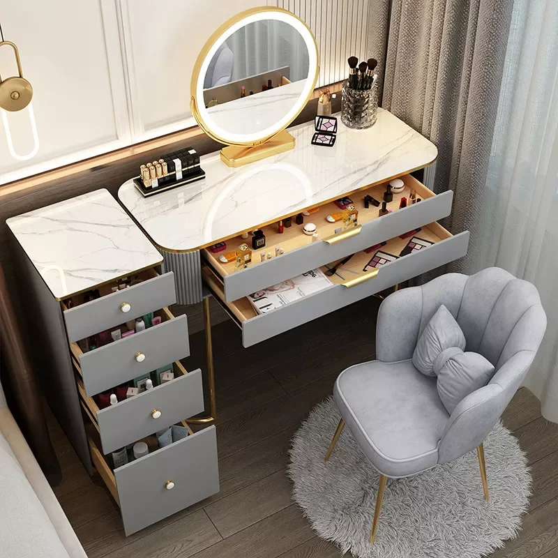 

Modern Minimalist Dressing Table LED Mirror White Gray Dressing Table Multi-functional Storage Storage Integrated Makeup Table