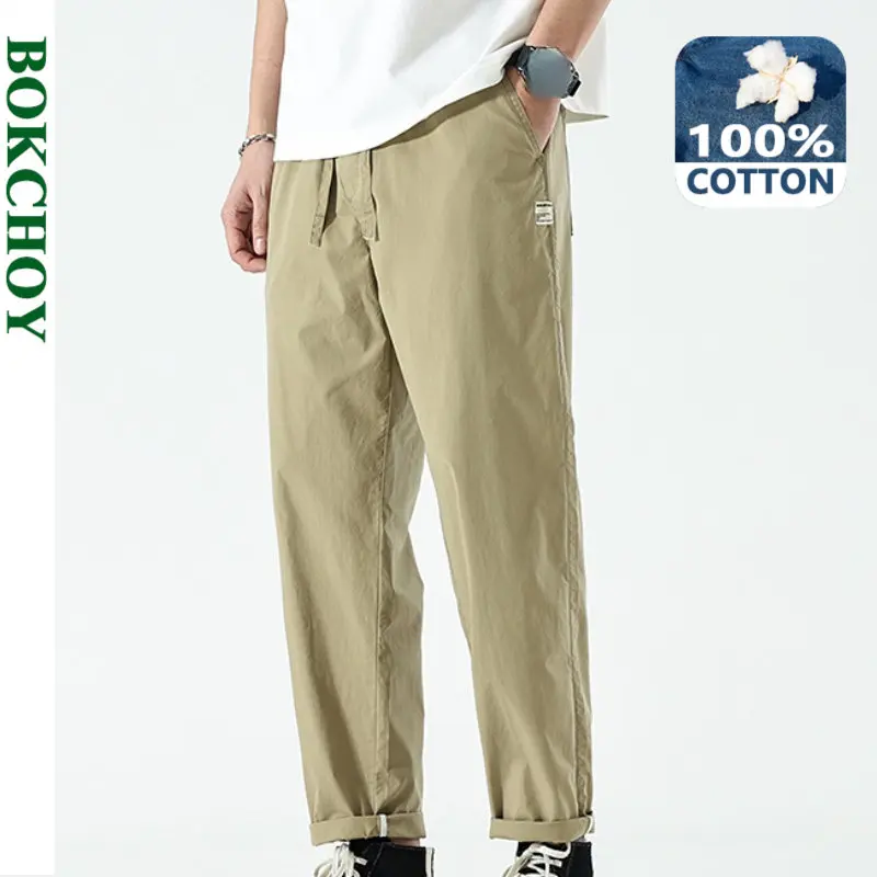 

2023 Summer New Casual Thin Cargo Pants Men Clothing 100% Cotton Solid Color Straight Trousers Oversize L369