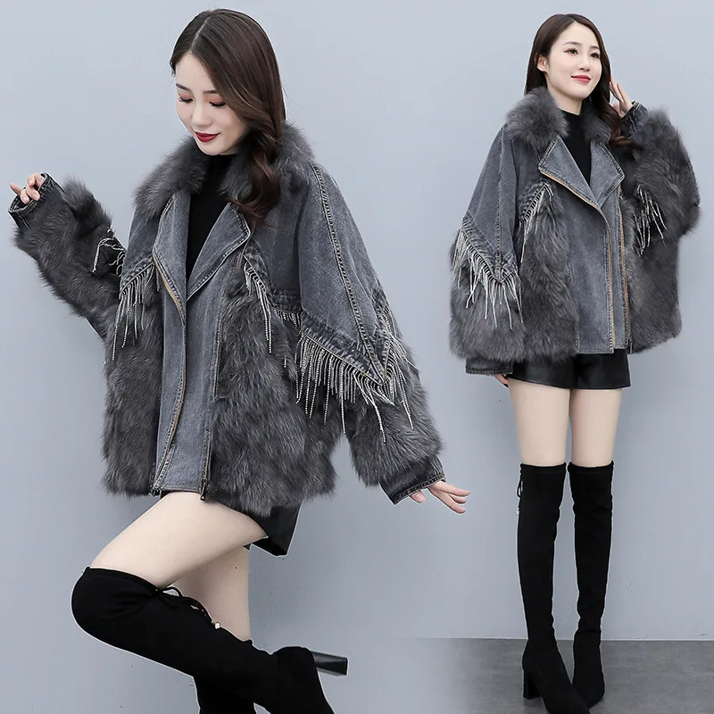 

Fur female fox fur down inner jacket stitched cowboy overcome loose winter coat