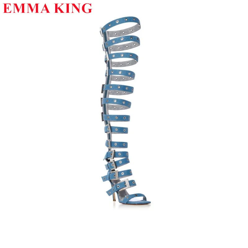 Босоножки женские выше колена модные сапоги на высоком каблуке с пряжкой молнией