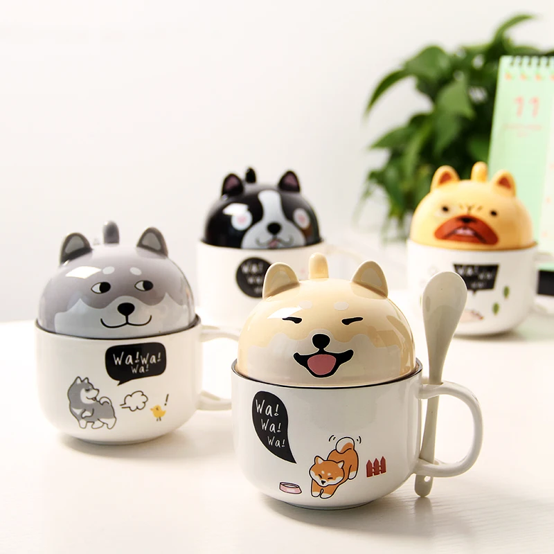 

Ceramic Akita Dog Coffee Mugs with Spoon Lid 3D Cartoon Animal Travel Water Mug Porcelain Milk Cup Lovers Kitchen Drinkware 2022