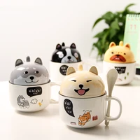 ceramic akita dog coffee mugs with spoon lid 3d cartoon animal travel water mug porcelain milk cup lovers kitchen drinkware 2022