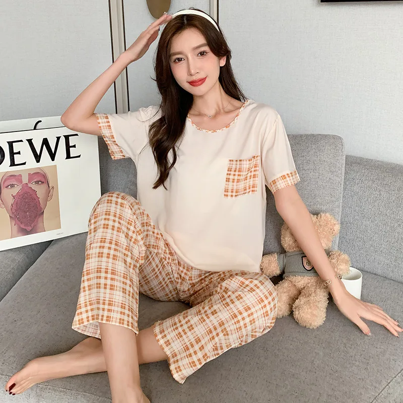 2023 couple's Summer Pajamas Suit Waffle Young Shorts Half Sleeve Top Youth TOT Sets For Lover 2 Pieces Costume For Sleeping