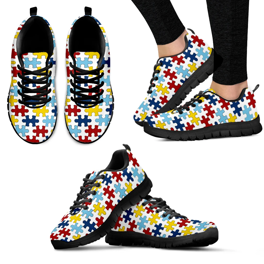 

INSTANTARTS Autism Awareness Shoes Colorful Puzzle Print Comfortable Lace Up Shoes Black Soft Soled Casual Sneakers Flats