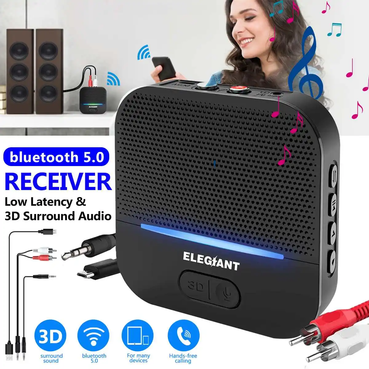 

ELEGIANT BTI-036 bluetooth 5.0 Wireless Receiver Transmitter RCA Audio Adapter Lossless Surround Audio Adapter AUX USB Powered