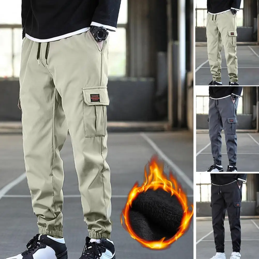 

Men Pants Multi Pockets Drawstring Men Trousers Solid Color Plush Lining Cargo Pants Autumn Winter Ankle Tied Pants for Work