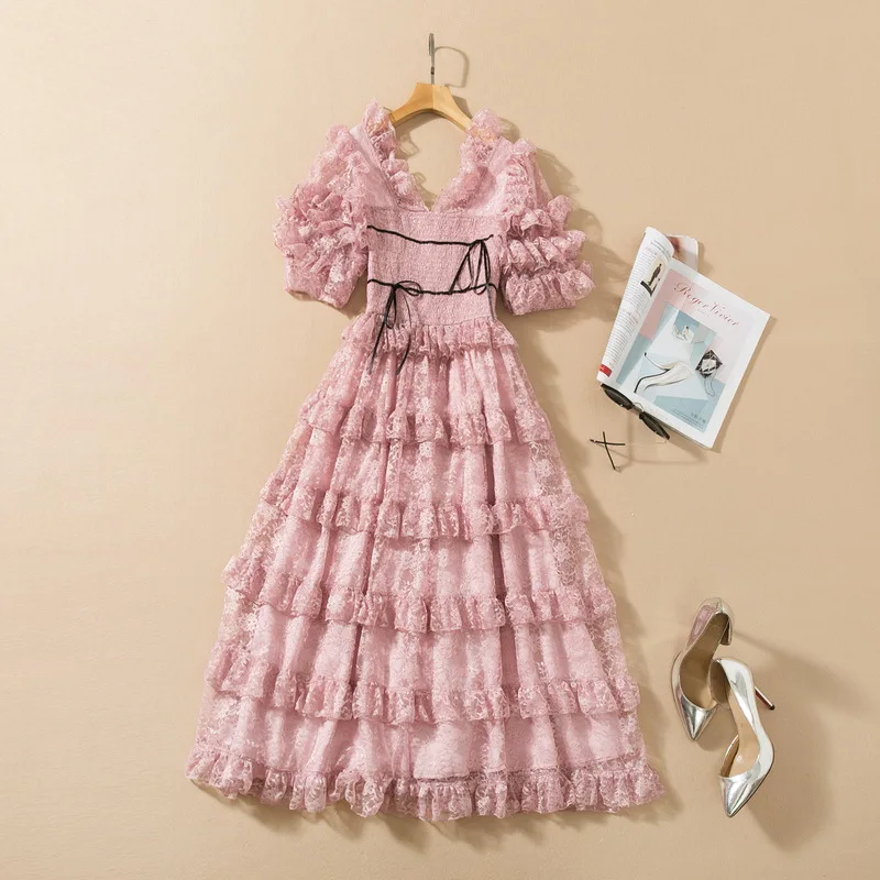 European and American women's wear spring 2022 new  Short sleeve v-neck lace cake  Fashionable pink pleated dress XXL