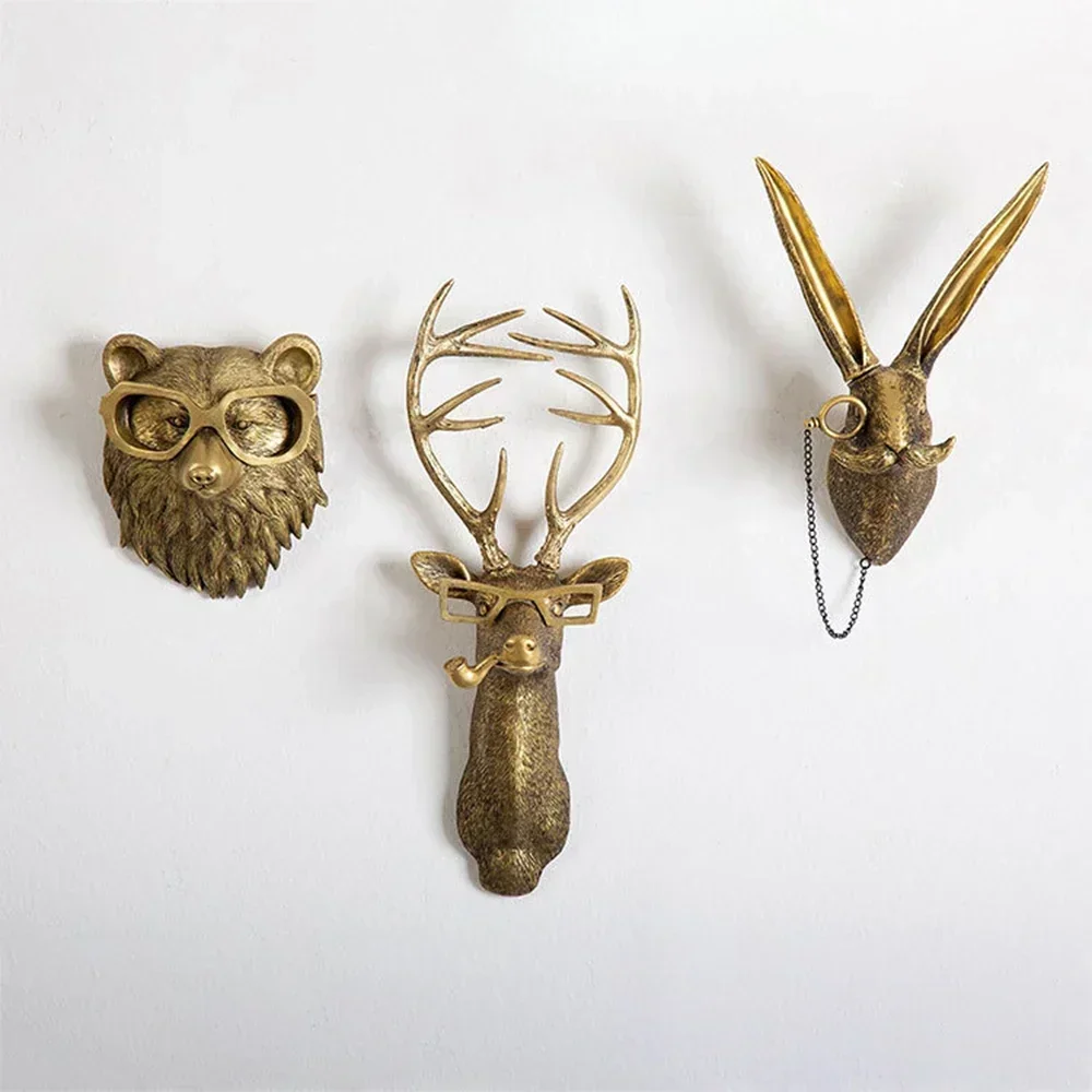 Винтажная золотая статуя головы оленя настенное украшение скульптура кролика