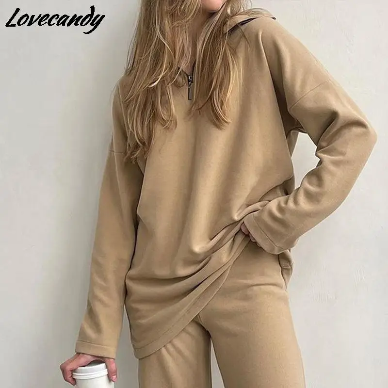 

2022 Spring Women Solid Oversize Polo Neck Pullover Sportswear Suit Female Fashion Casual Long Sleeve Straight Pants Tracksuit