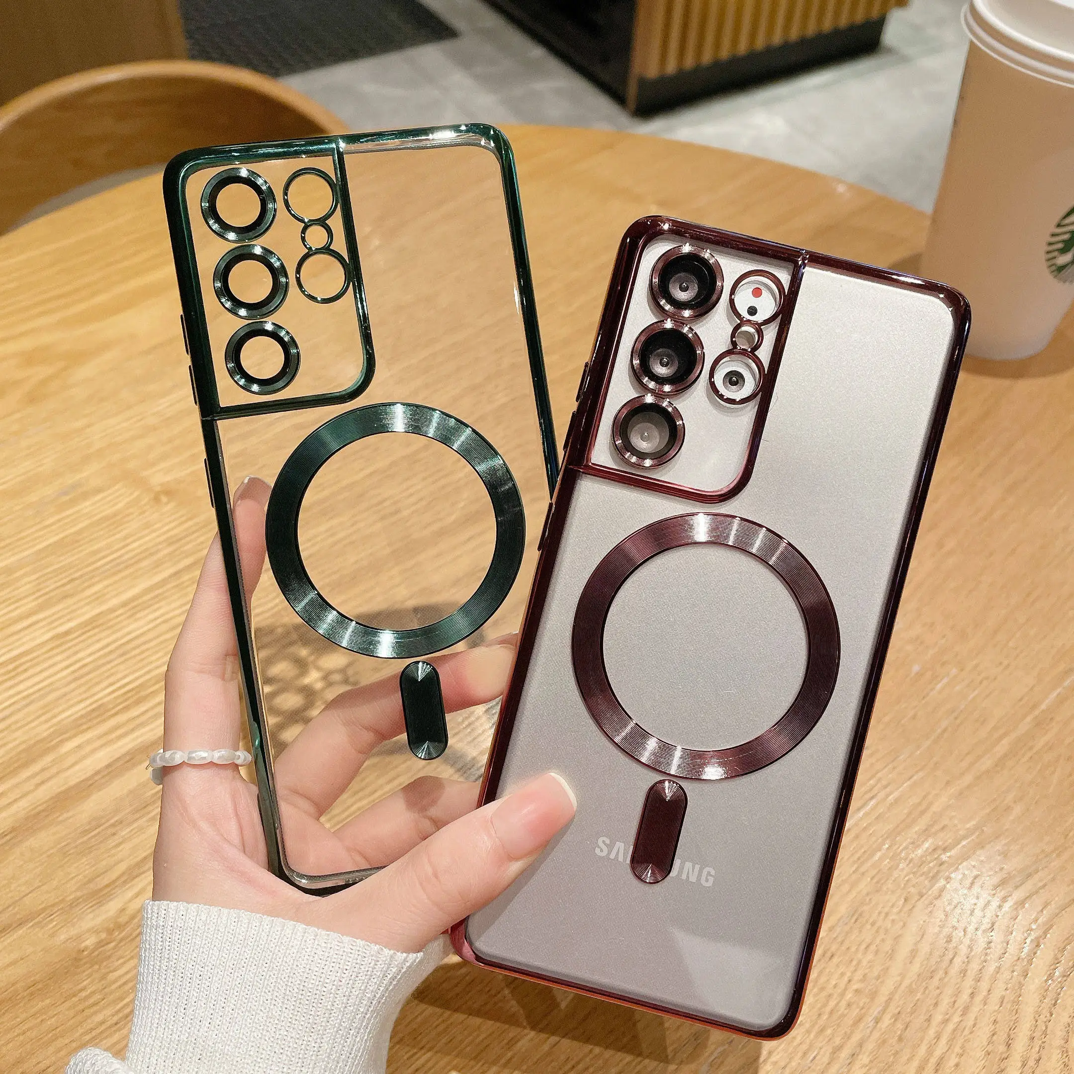 

Transparent Luxury Plating Masafe Magnetic Cover For Samsung Galaxy S21 S22 Ultra With Lens Protection Silicon Phone Case Capa