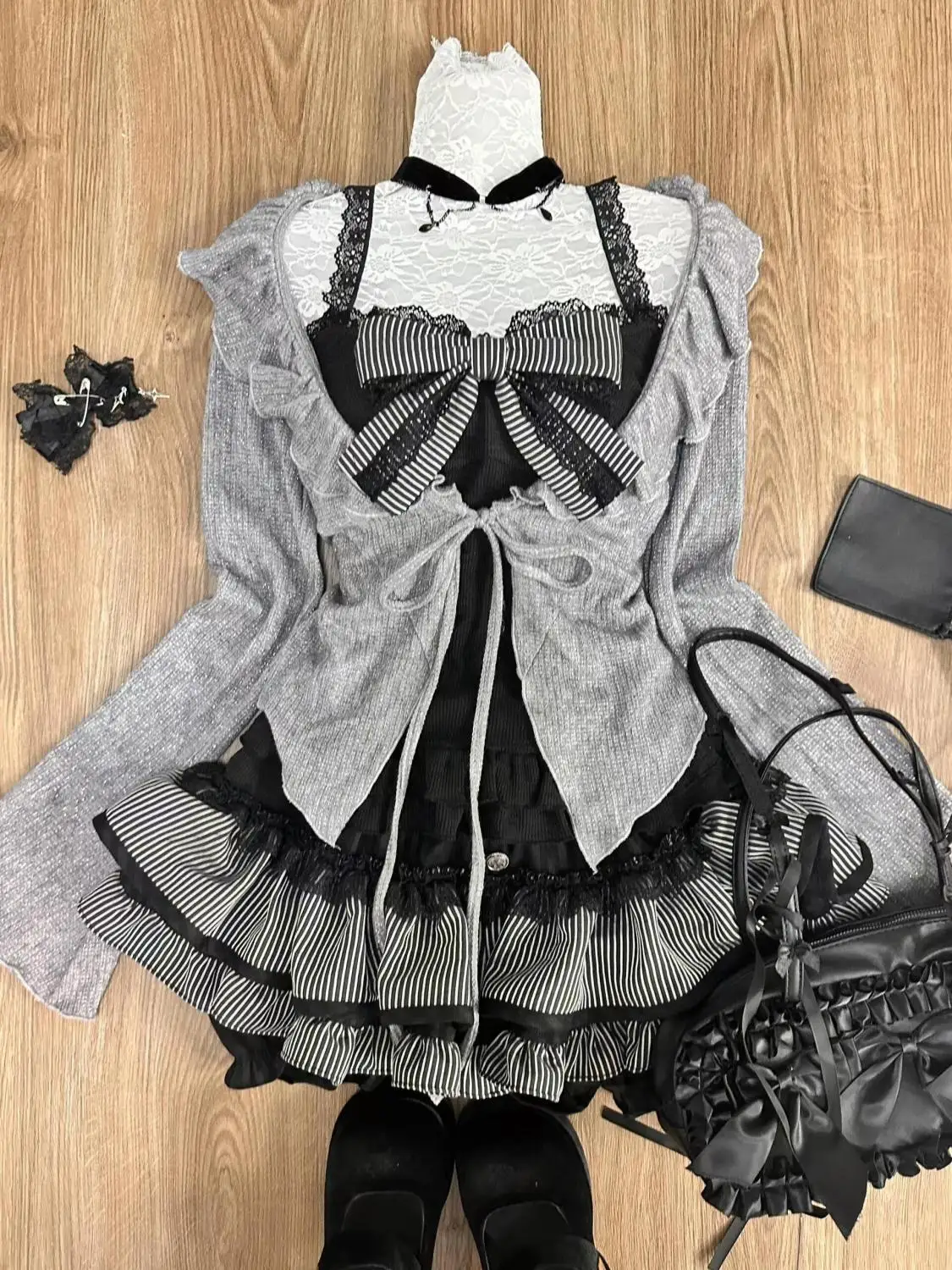 Japanese Sweet Cute Lolita Tie Up Cardigan + Bow Patchwork Camisole High Waisted Skirt Autumn New Y2k Suits Women 3pcs Sets