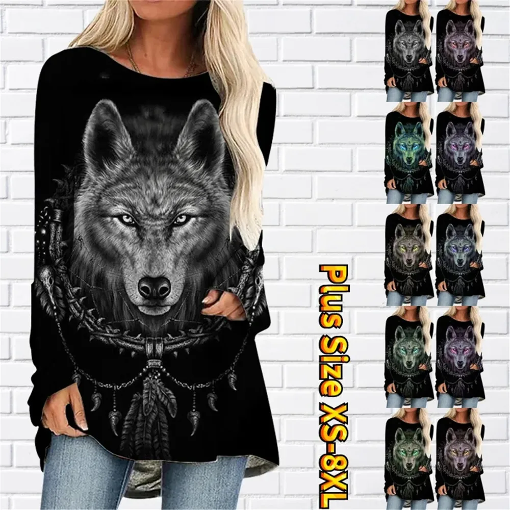 

Wild Wolf Loose Print Bag Buttock Round Neck Long Sleeve Women Top Outside the Base XS-8XL