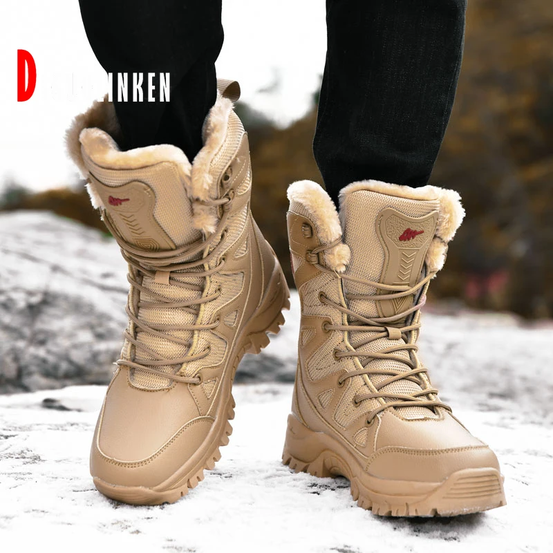 

Military Boots Leather Combat Boots for Men and Woman Fur Plush Winter Snow Boots Outdoor Army Bots Army Shoes PLUS SIZE 36-46