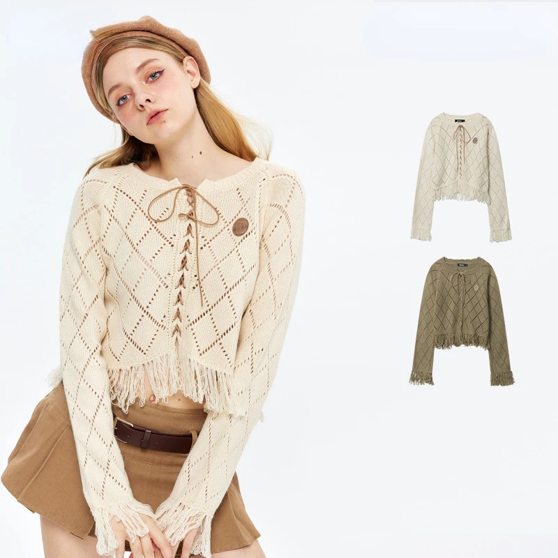 

New Korean Version Autumn Winter Women's Tassel Short Knit Shirt Gentle Wind Sweet Kawaii Hollowing Lace-up Long-sleeved