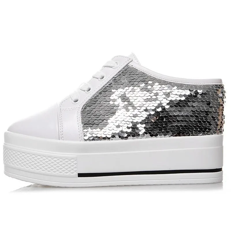 

Fashionable Sequin sponge cake women's shoes without heels, breathable Baotou half slippers, inner raised canvas shoes