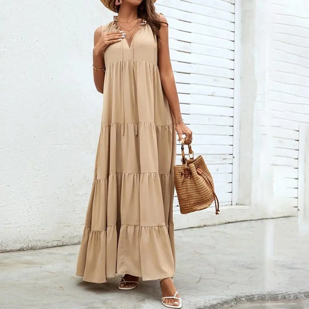 

Stylish Casual Dress Ruffle Collar Comfortable Maxi Dress Pleated Stitching Hem Beach Long Dress