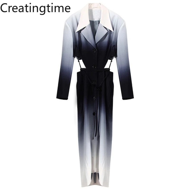 

Creatingtime 2022 Spring Summer New Fashion Tide Women's Gradient Color Notched Backless Bandage Mid-length Chic Dress GA228