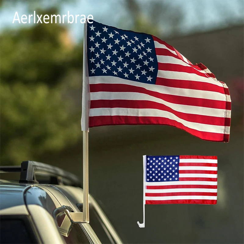 aerxemrbrae 30x45cm  American car flag 12x18inch USA window flag bearer standard-bearer waving flags with plastic flagpole