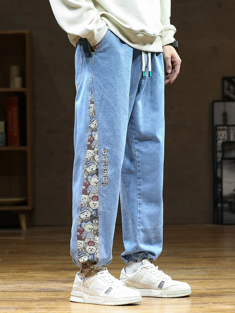 2023 New Men's Baggy Pants Fashion Bear Patch Wide Leg Denim Jogging Pants Hip Hop Street Wear Straight Leg Drawstring Jeans