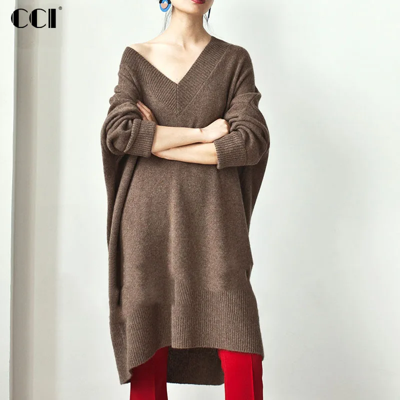 

CCI Women Knitted Sweaters Midi Dress Autumn Winter New Knitwear Long Sleeve V-neck Oversized Loose Ladies Sweater Pullovers