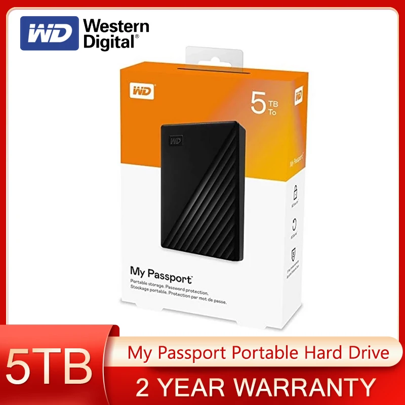 Оригинальный внешний жесткий диск Western Digital WD на 5 ТБ, черный мой паспорт, портативный жесткий диск, USB 3,0, USB 2,0, совместим с искусственными дисками