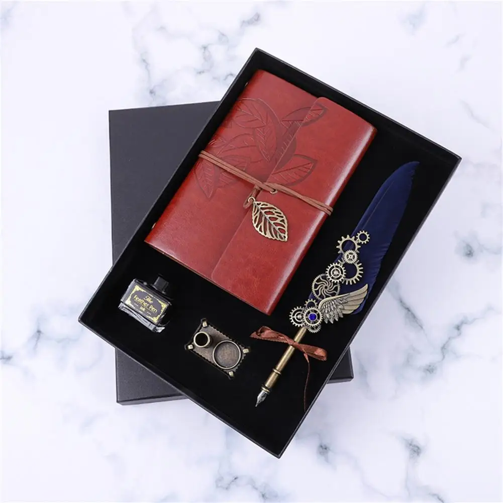 

Delicate Practical Feather Dip Pen Set with Notebook Ink Metal Handle Feather Pen Set Smooth Writing Home Use