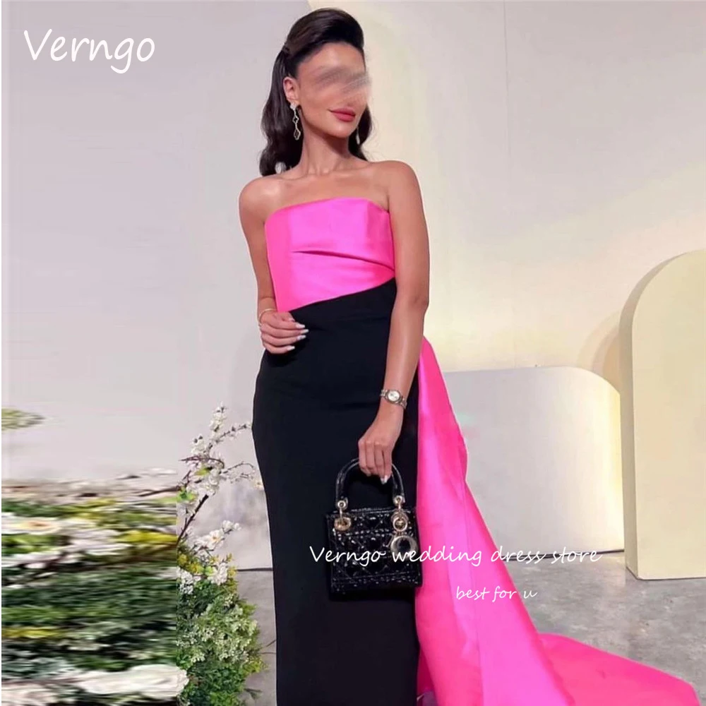 

Verngo Saudi Arabic Women Pink And Black Long Evening Dresses Strapless Satin Simple Formal Party Prom Gowns Robe de soiree