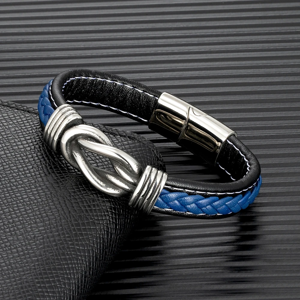 

MKENDN Punk Retro Men Square Knot Leather Bracelet For Women Stainless Steel Magnet Buckle Infinity Couple Jewelry