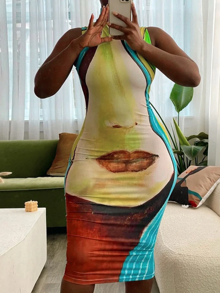 

Модные облегающие платья с принтом для женщин, шикарные вечерние Соблазнительные наряды для ночного клуба, платье миди без рукавов