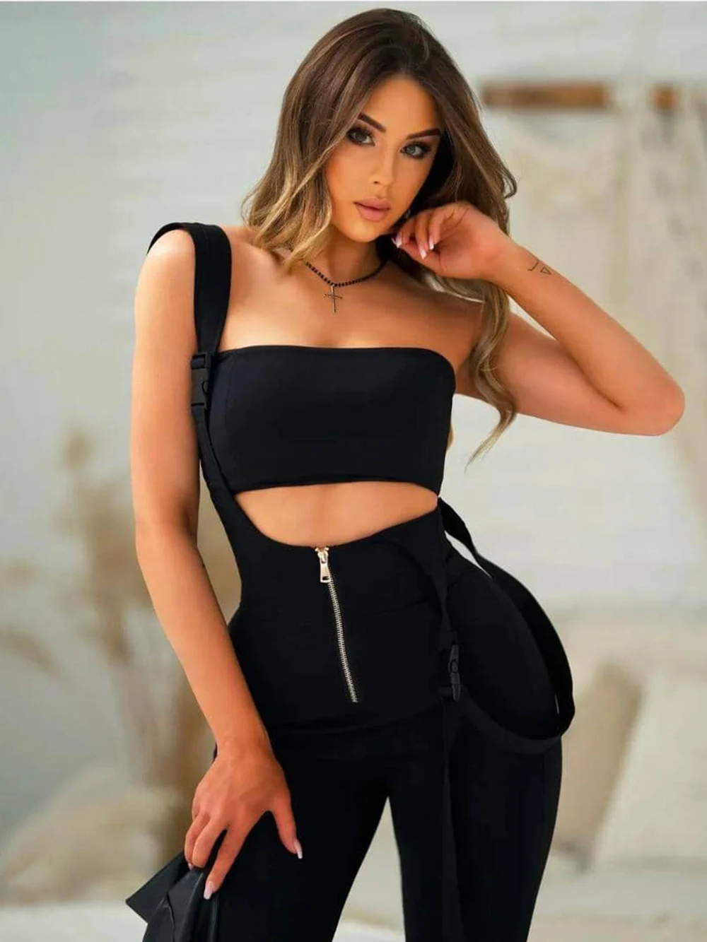 High Quality Sexy Hollow Spaghetti Front Zip Bodycon Bandage Jumpsuit Fashion Celebrity Club Party Jumpsuit