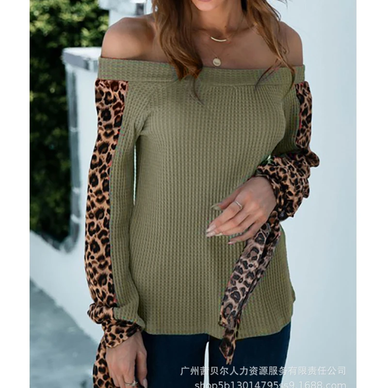 

Women T-shirt Summer Long Sleeve Bandage Leopard Splicing T-shirt Women Casual Loose Off Shoulder Slash Neck Pullover T-shirt