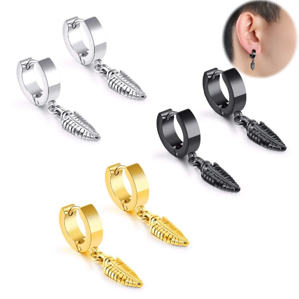 

New Korean version of the personality pattern frosted feather pendant unisex titanium steel ear stud ear clip vacuum plating