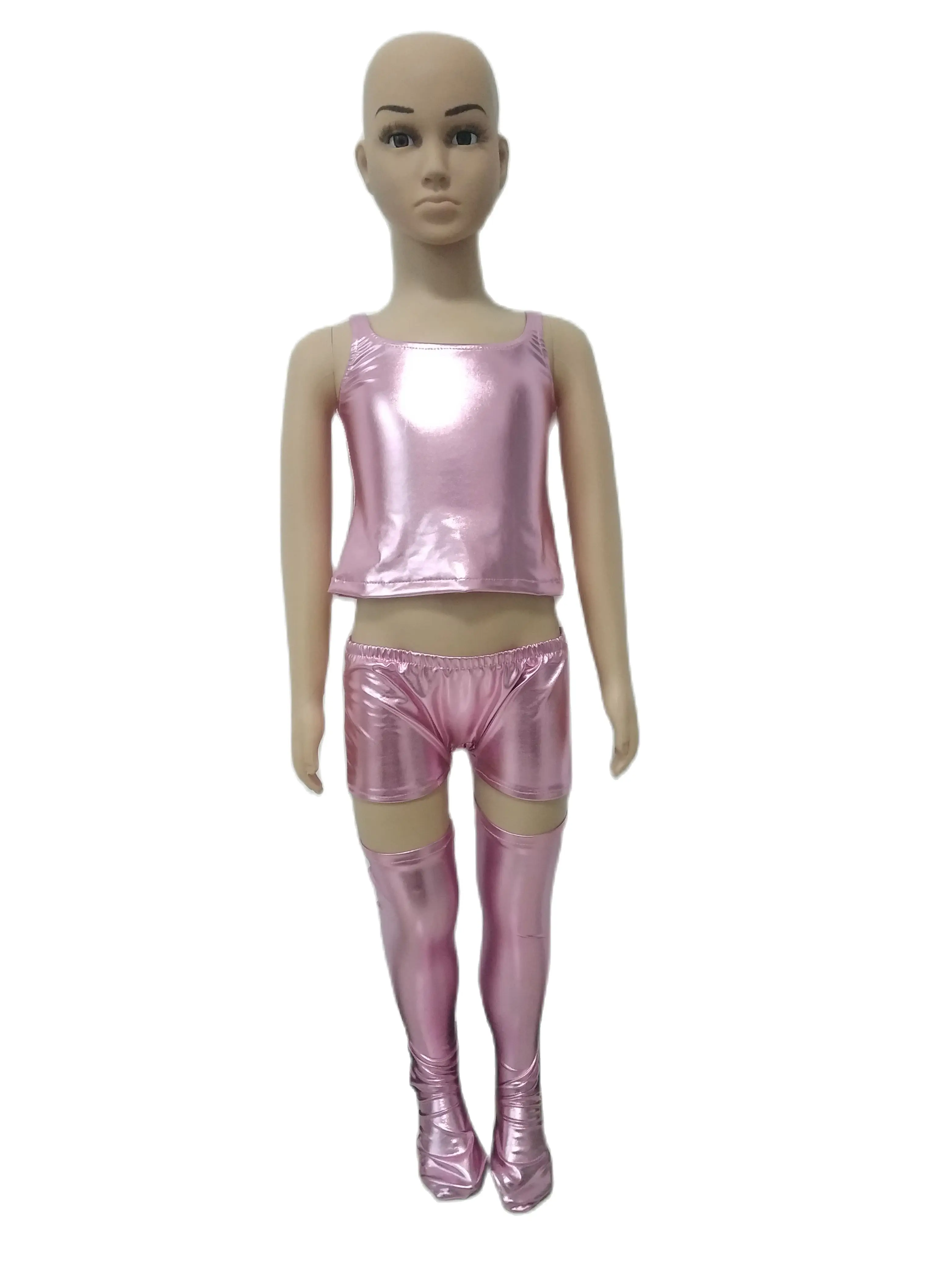 Сексуальный костюм для девочек из трех предметов Блестящий металлический