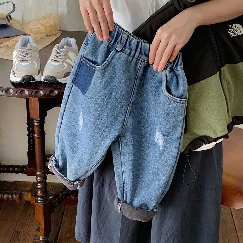 

2023 Winter Fashion Children Jean 0-6Years Toddler Kids Boy Elastic Waist Fleece Denim Pant Thicken Warm Bottom Outwear Clothes