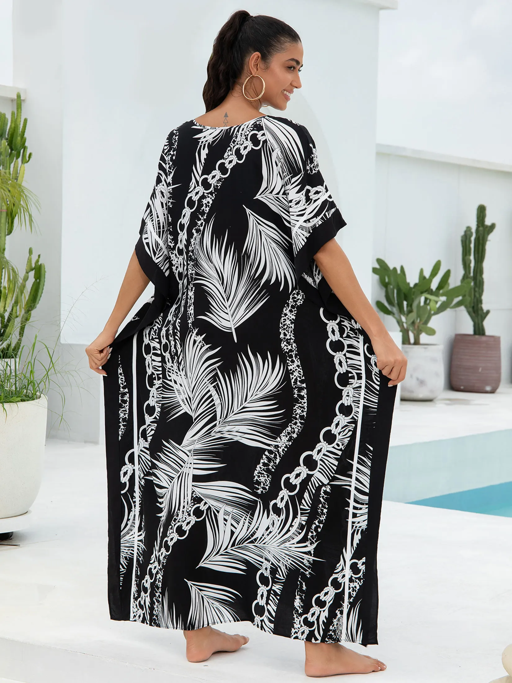 Женское Пляжное Платье В Стиле Бохо Свободное Черное С V-образным Вырезом Длинной