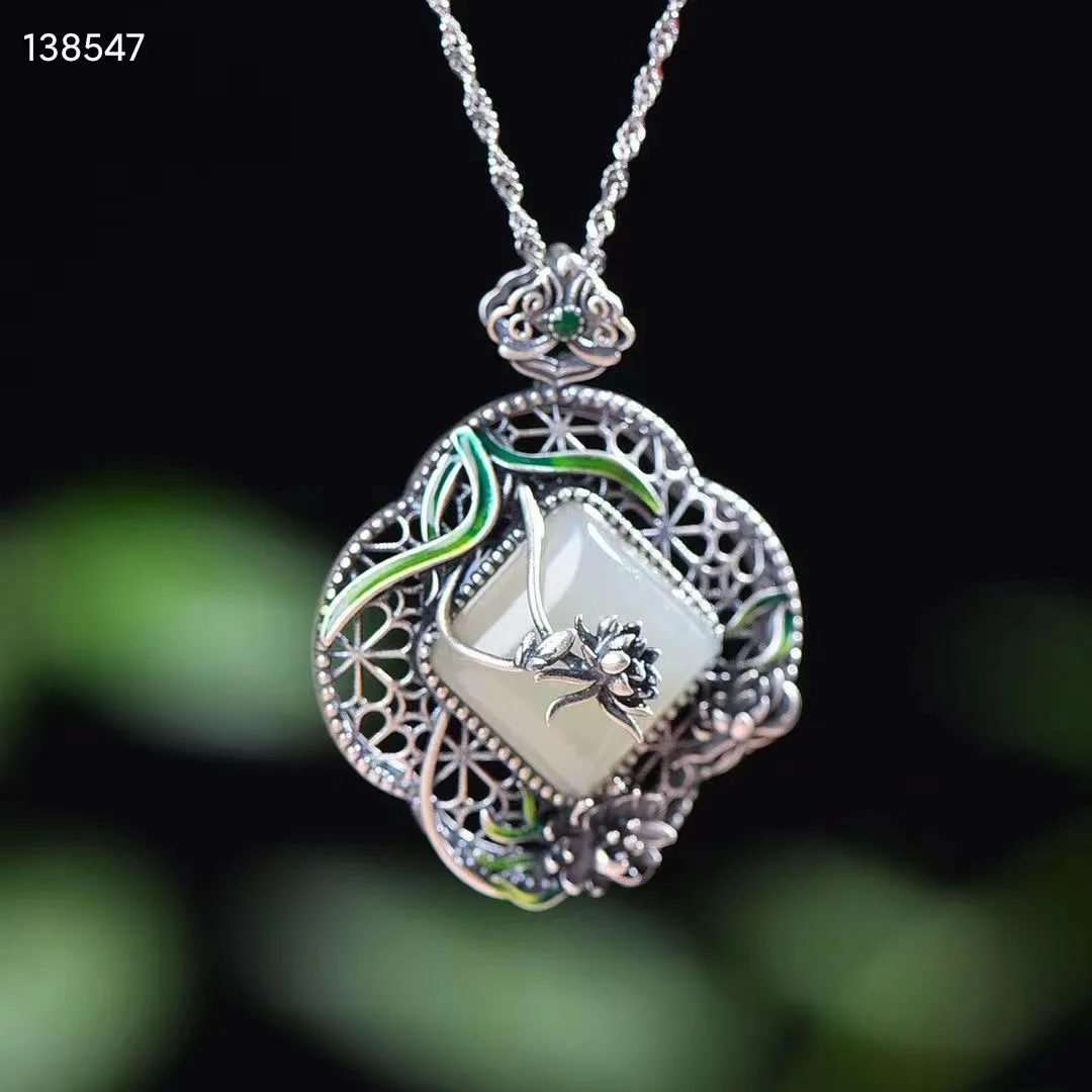 Женское ожерелье из серебра 100% пробы с мозаикой белого нефрита