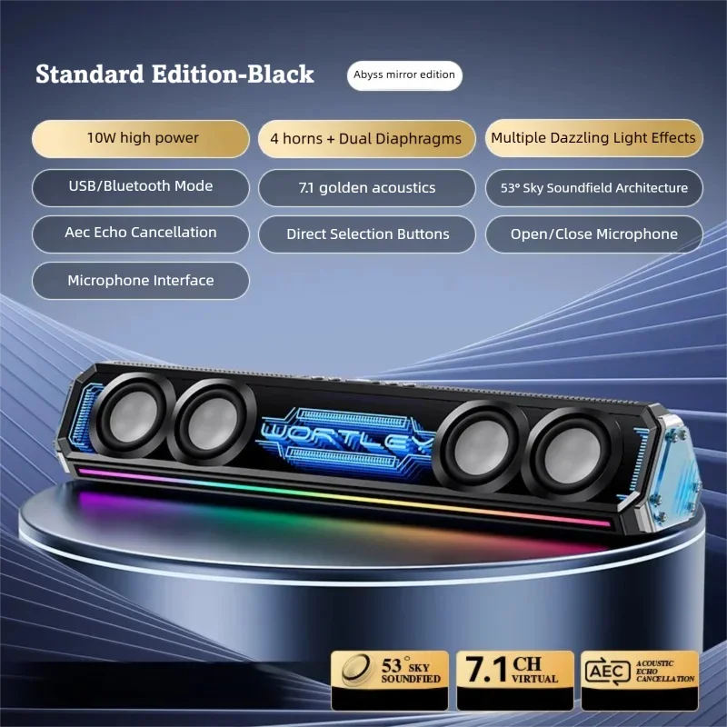 Фото Игровой саундбар 10 Вт, Bluetooth 5.4 и USB-подключение одним кабелем, режимы RGB-подсветки, шумоподавление AEC для ПК и геймеров №1