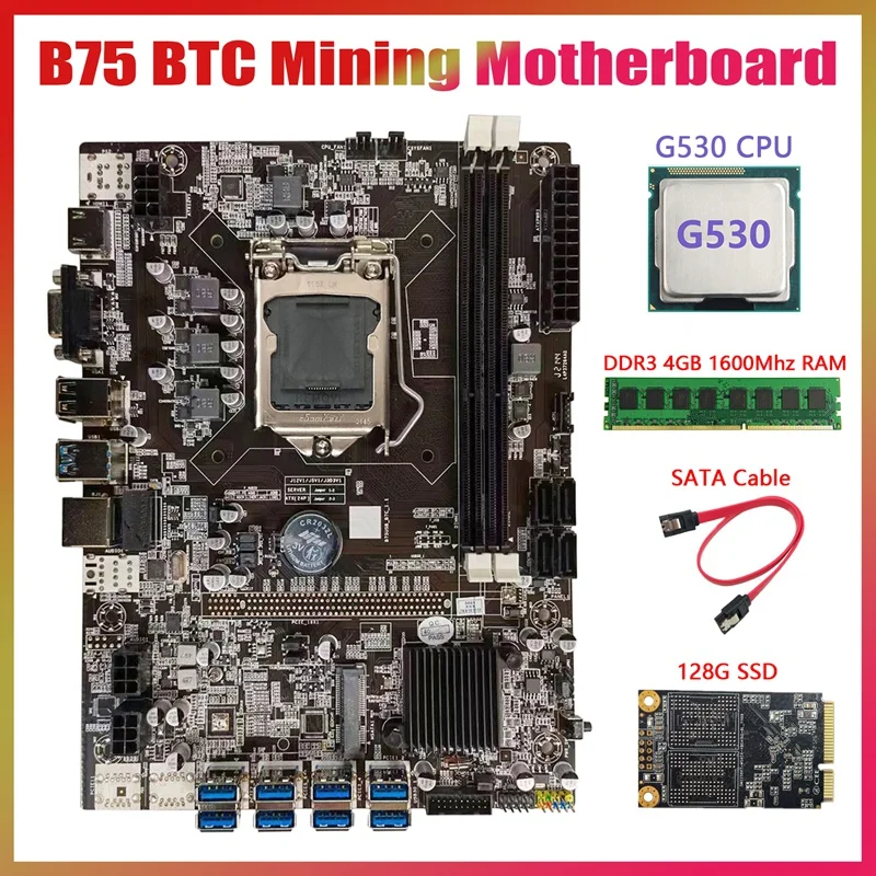 

B75 USB BTC Mining Motherboard+G530 CPU+DDR3 4GB 1600Mhz RAM+128G SSD+Switch Cable LGA1155 8XPCIE to USB Motherboard