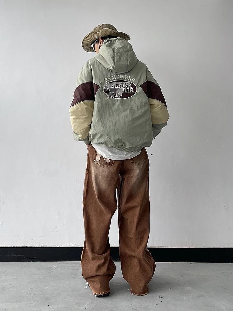 Men Clothing Hip-Hop Caffee Lightning Tooling Straight JeansKorea Fashion Clothing High Street Style Y2k Streetwear Luxury Jeans