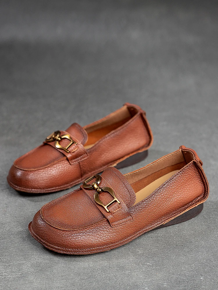 Beffery Women's Flats Cow Leather Loafers Handmade Moccasin With Round Toe And Soft Sole Flats Shoes Women