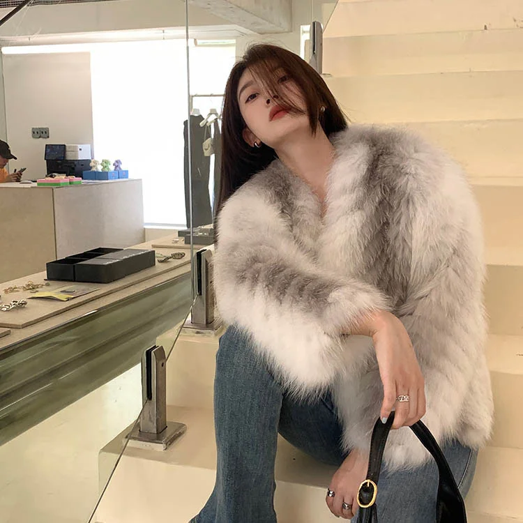 White Tea Ink New Style Fox Fur Grass Coat Femininity Celebrity Cross Fox Strip Medium Length Fur Coat