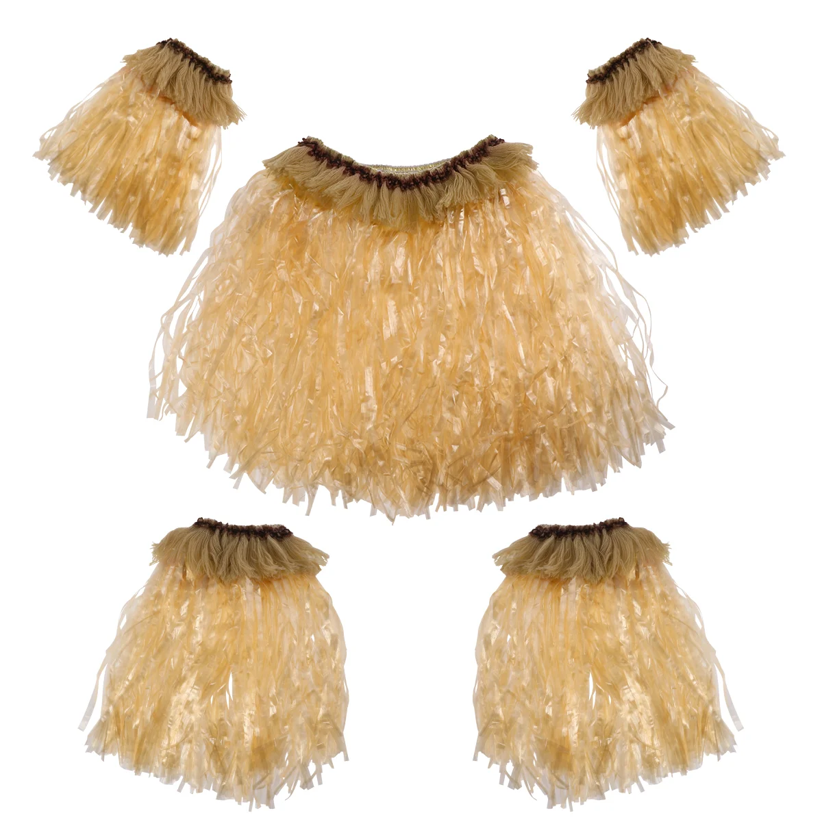 

Amosfun 5pcs Hawaiian Fancy Grass Skirt Set Arm and Leg Bands Costume Elastic Costume Party Accessory (Straw Color)