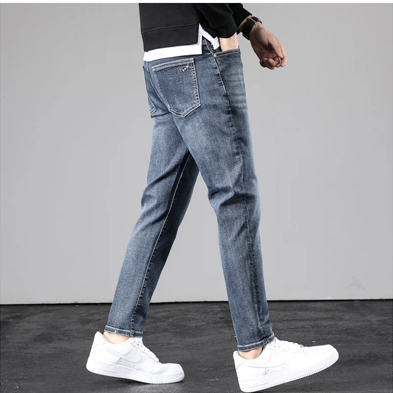 Streetwear Men Slim Fit Straight Tube Tide Brand Volcanic Rock Men's Trousers Warm Pants In Autumn and Winter Stretch Blue Jeans