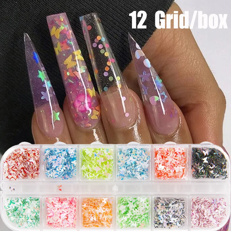 

12 Grids/box Nail Art Butterfly Love Nail Glitter Sequins Glitter Powder Holographic Mirror DIY Snowflake Nail Art Decorations