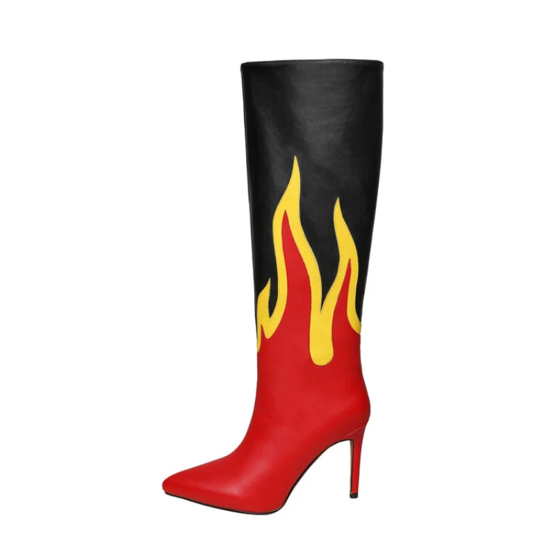 New Fashion Women's Boots Pointed Toe Stiletto Heel Flame Pattern Red Thigh High Boots Colored Painted Knee Length Boots Size44