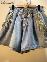 womens fashion tassel bead diamond denim shorts 2022 summer new high waist loose casual wide leg pants female