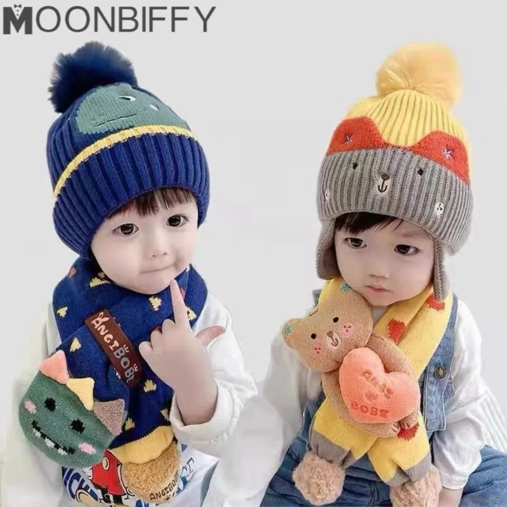 

2pcs Set Winter Children's Hat + Warm Scarf Knitted Cartoon Dinosaur Beanies Scarf Set for Children Girls Boys Kids Accessories