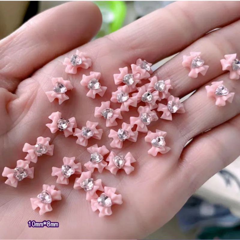 

10pcs Pink Nude Color Japanese Bow Nail Art Charms 3D Bowknot With Heart Diamond Nail Decorations DIY Manicure Kawaii Accessory