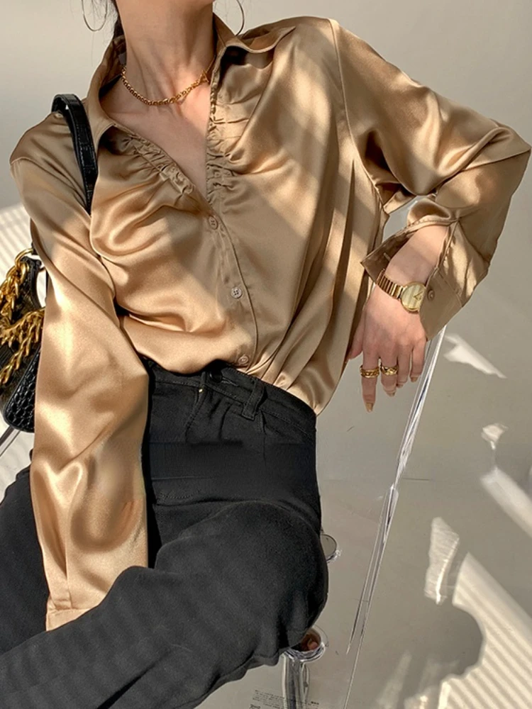 

Mozuleva 2022 Summer Fashion Women Shirt Design Pleated V-neck Satin Women Simple Elegant Loose Thin Versatile Shirt